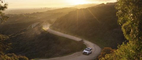 Car driving through lush green countryside at sunset.